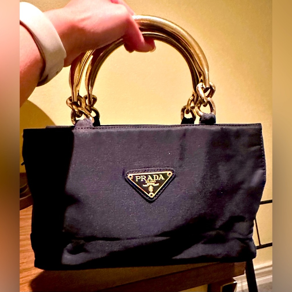 Vintage Prada Mini Navy blue Nylon Gold Handle Bag